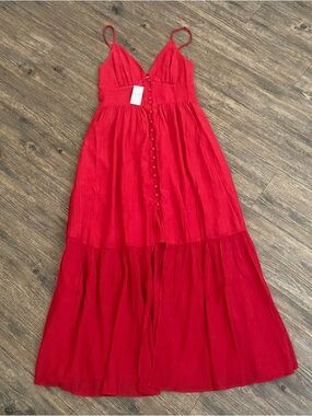 Abercrombie & Fitch Linen-Blend Button-Through Red Maxi Dress SMALL PETITE